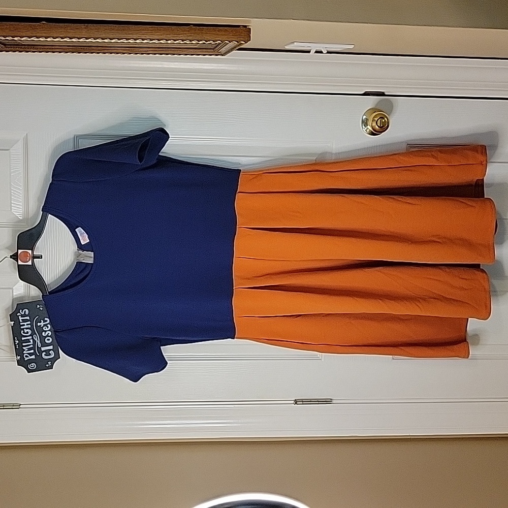 LuLaRoe Amelia Dress 2XL Orange Navy Blue Short Sleeve